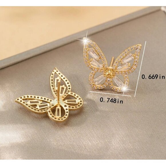 14k Gold Plated Elegant Butterfly Desing Crystal Stud Earrings Rhinestone Inlay - Picture 2 of 4
